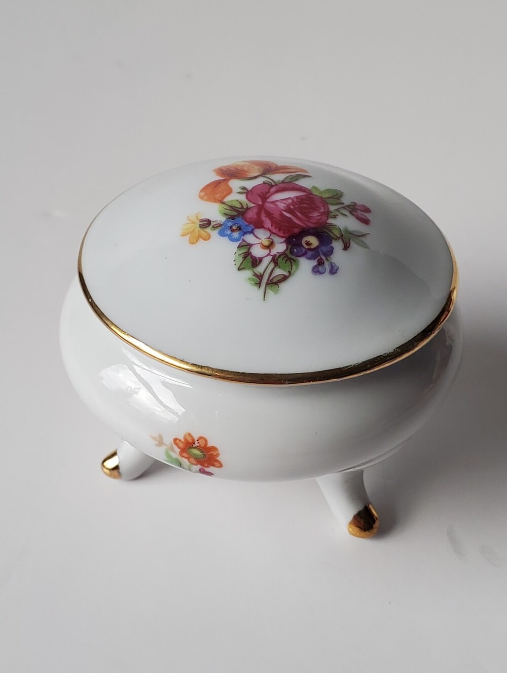 Vintage East Germany PM Martinroda Porcelain Footed Trinket Box - Floral & Gold